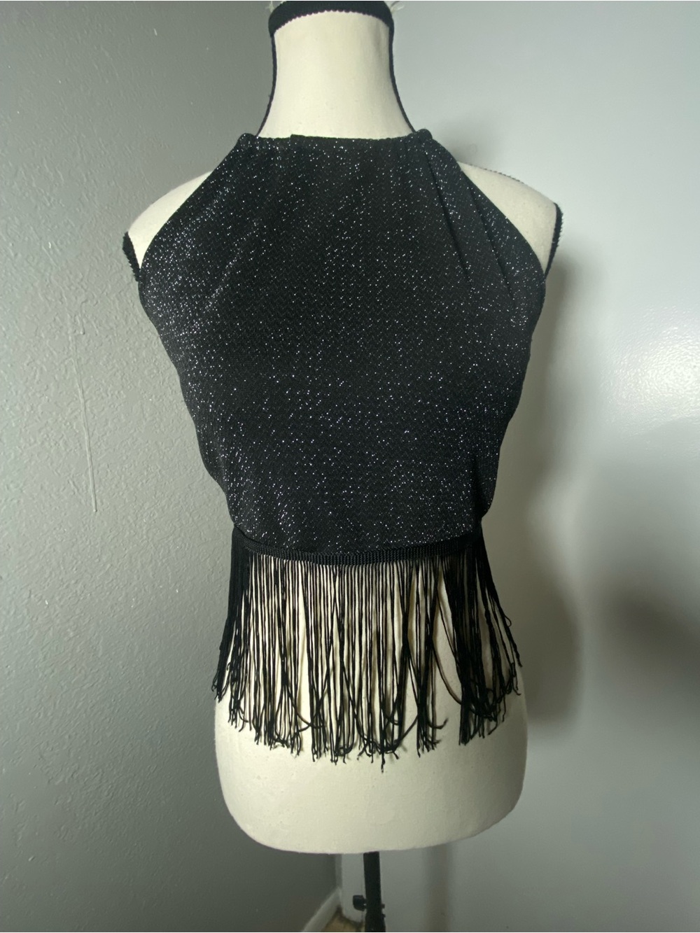 Y2K Papaya Black Shimmer Fringe Halter Crop Top Size Large